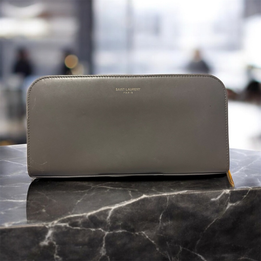 Saint Laurent Continental Zip Around Leather Wallet- Gray